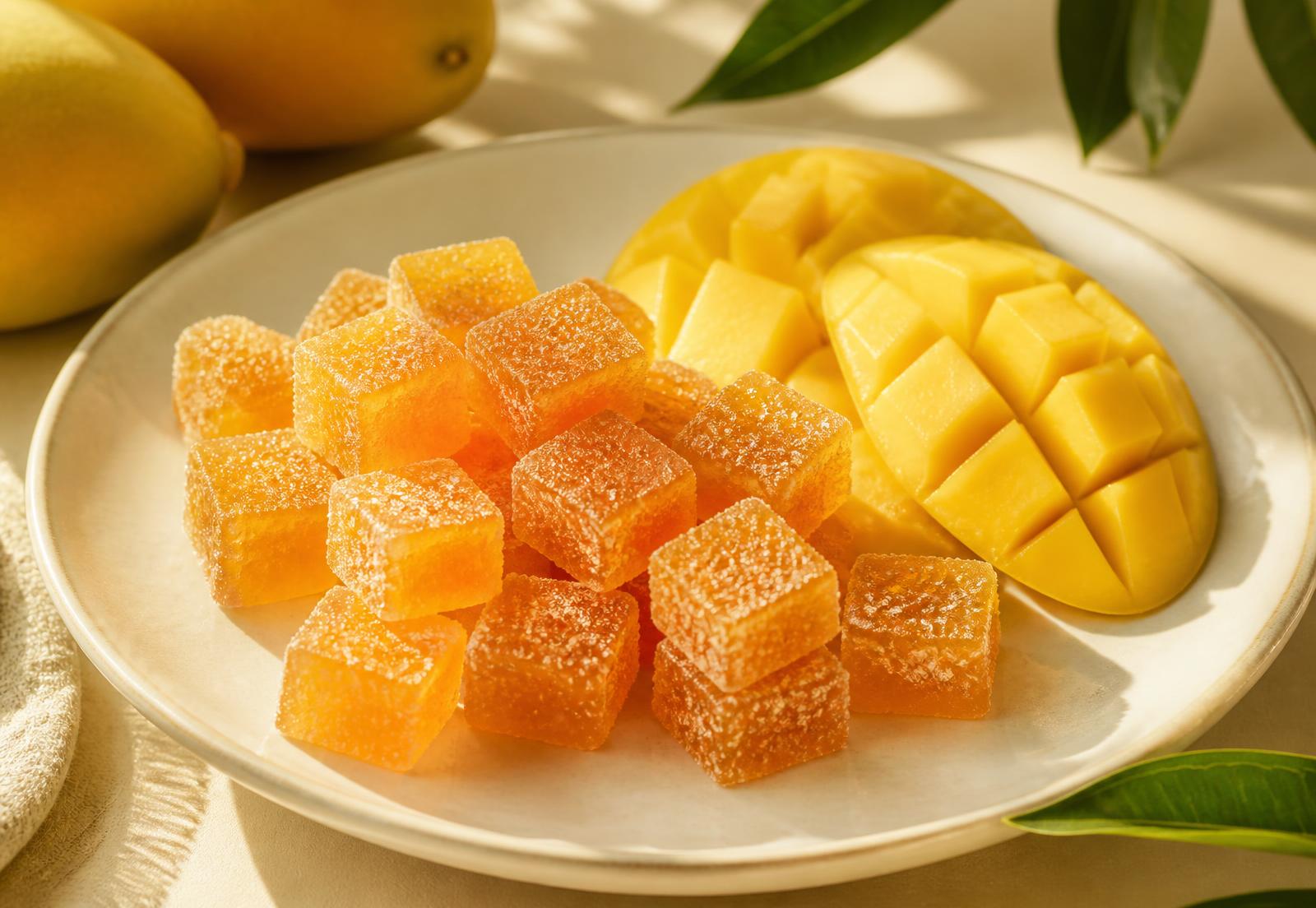 Amber real mango gummy cubes beside fresh Thai Nam Dok Mai mango
